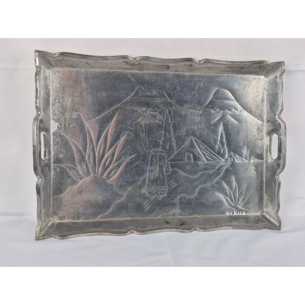 Vintage Mexico Aluminum Serving Tray Etched Mountain Cabin Lodge Rustic